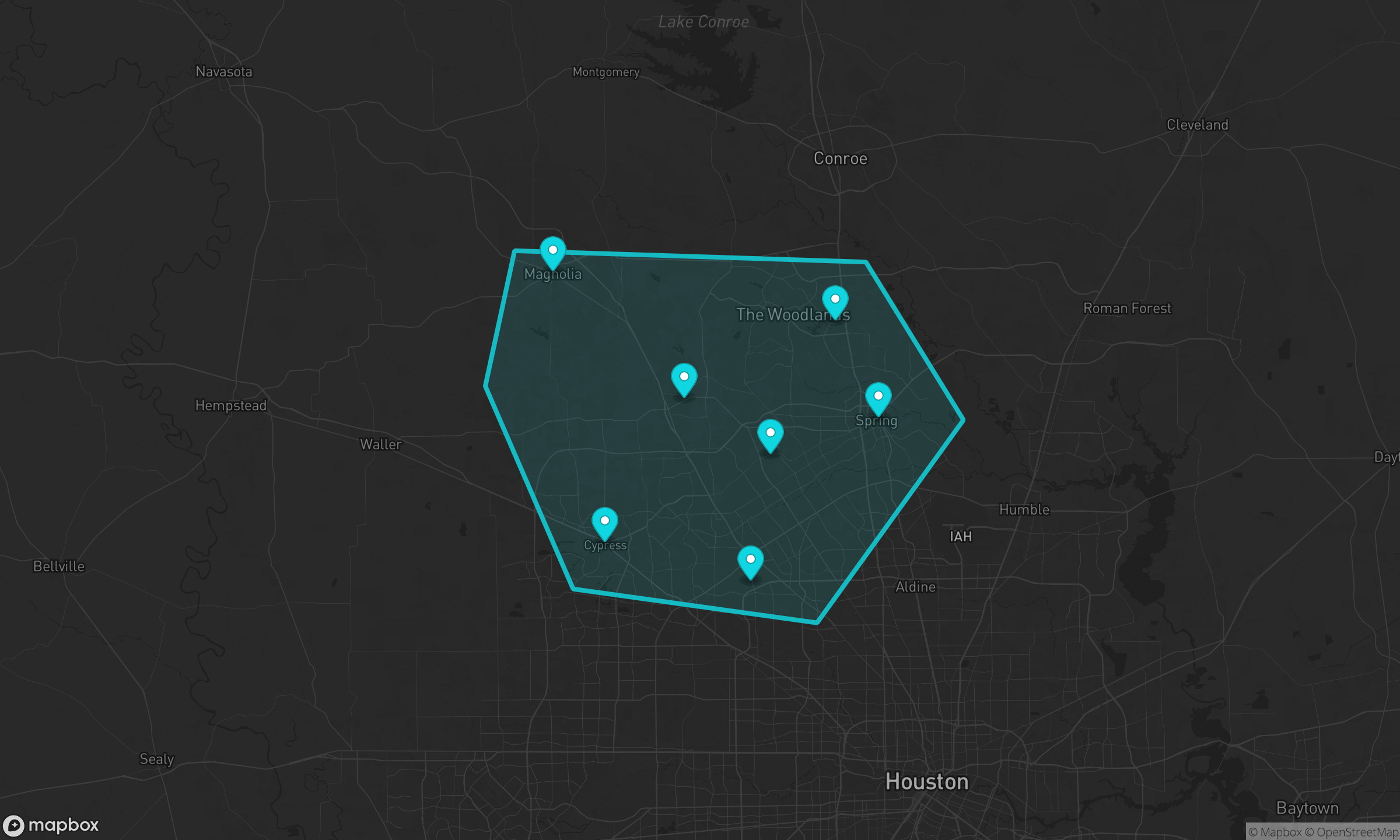Map of the Hill Designs service area around Tomball and Northwest Houston